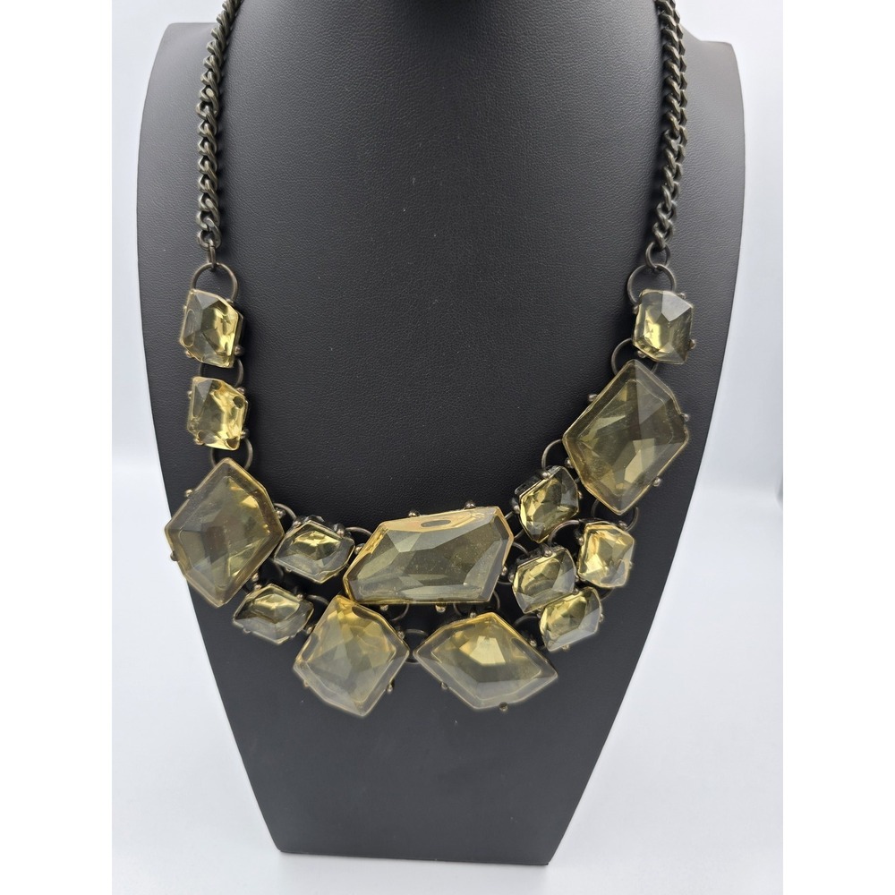 Vintage Style Bronze Tone‎ Statement Necklace Yellow Amber Resin Stones Bib